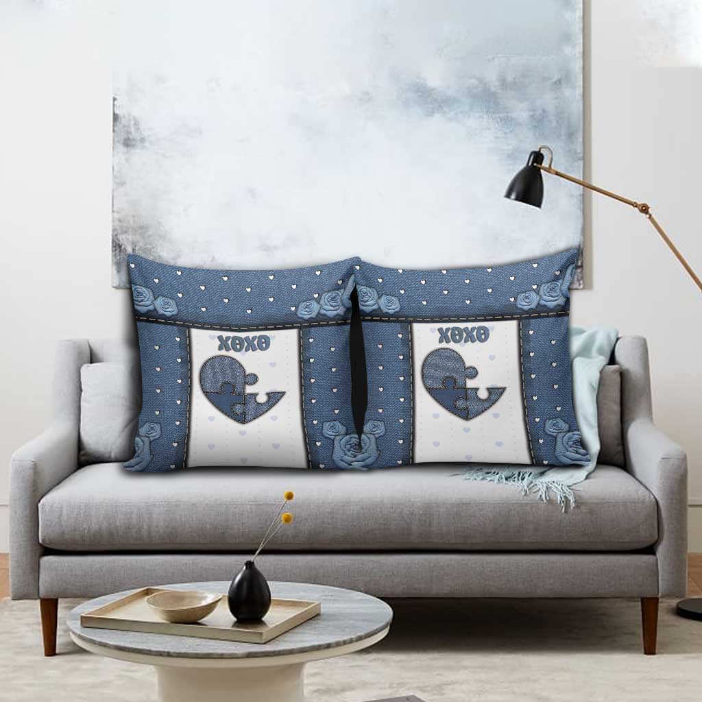 XOXO Valentine's Day Pillow Cover Pieces Of The Heart Old Denim Fabric Effect