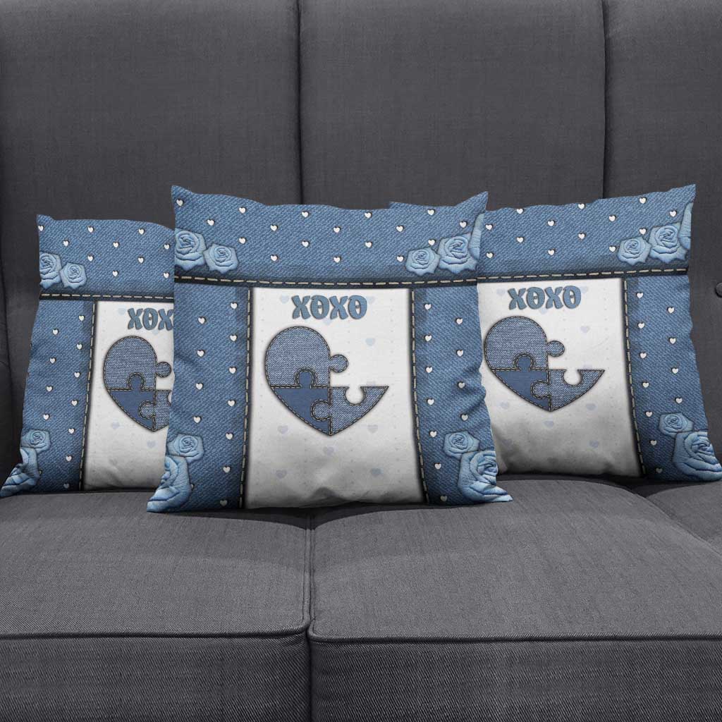 XOXO Valentine's Day Pillow Cover Pieces Of The Heart Old Denim Fabric Effect