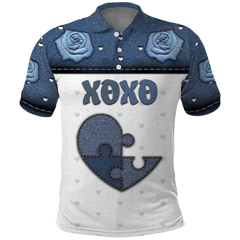 Personalized XOXO Valentine's Day Polo Shirt Pieces Of The Heart Old Denim Fabric Effect
