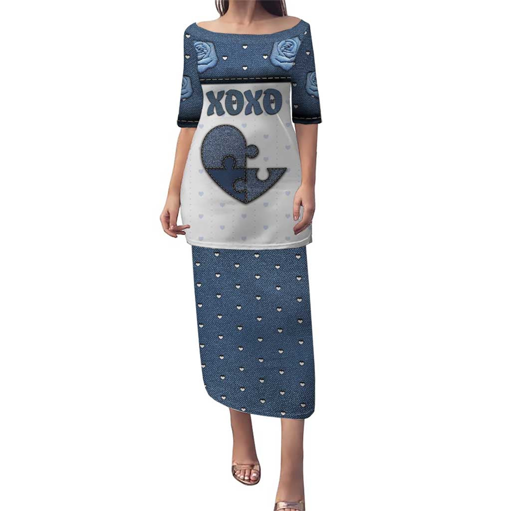 Personalized XOXO Valentine's Day Puletasi Pieces Of The Heart Old Denim Fabric Effect