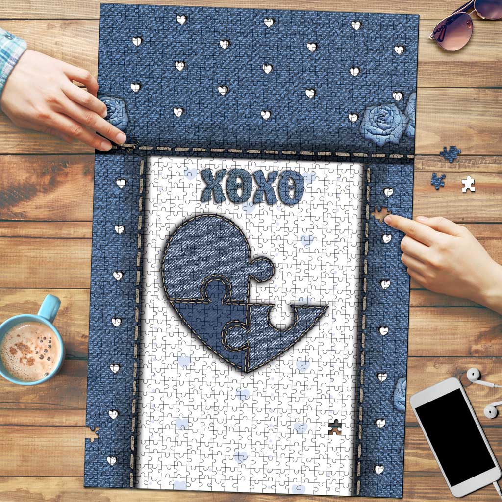XOXO Valentine's Day Puzzle Pieces Of The Heart Old Denim Fabric Effect