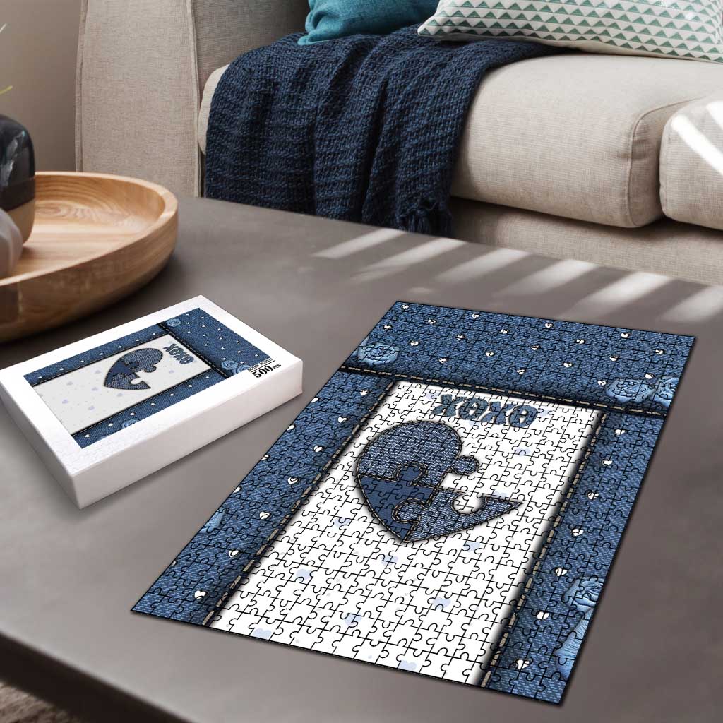 XOXO Valentine's Day Puzzle Pieces Of The Heart Old Denim Fabric Effect
