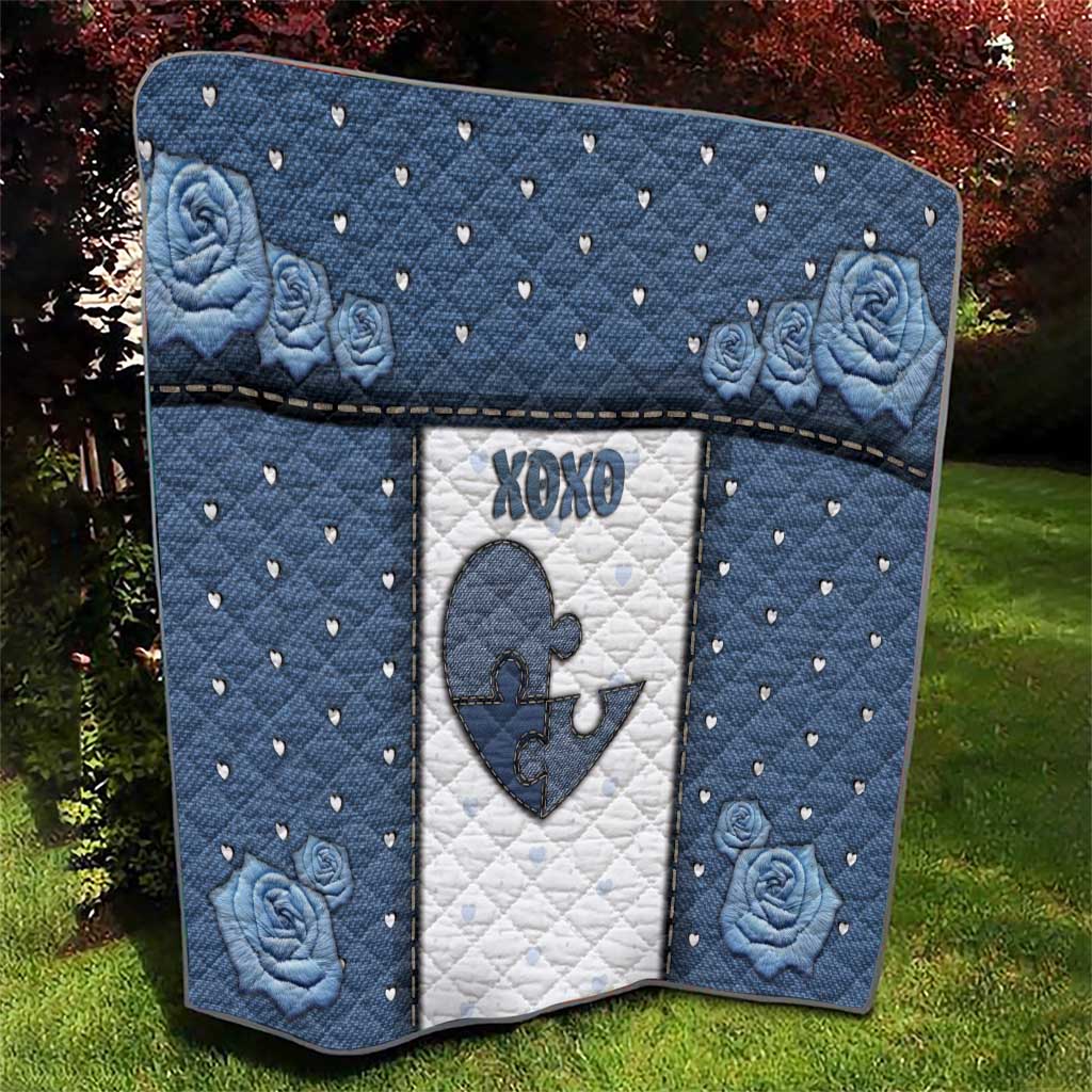 XOXO Valentine's Day Quilt Pieces Of The Heart Old Denim Fabric Effect