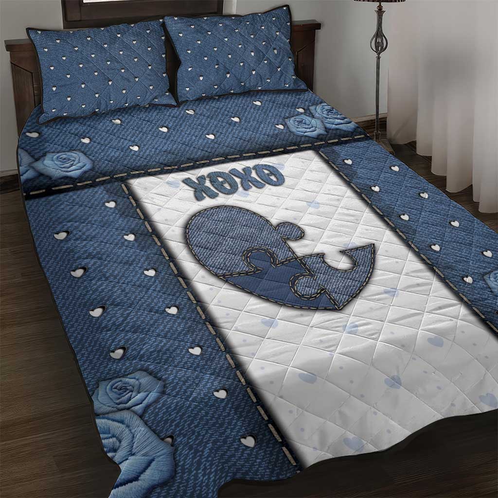 XOXO Valentine's Day Quilt Bed Set Pieces Of The Heart Old Denim Fabric Effect