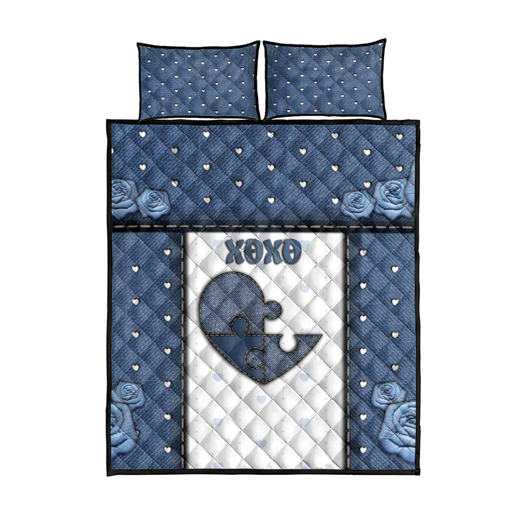 XOXO Valentine's Day Quilt Bed Set Pieces Of The Heart Old Denim Fabric Effect