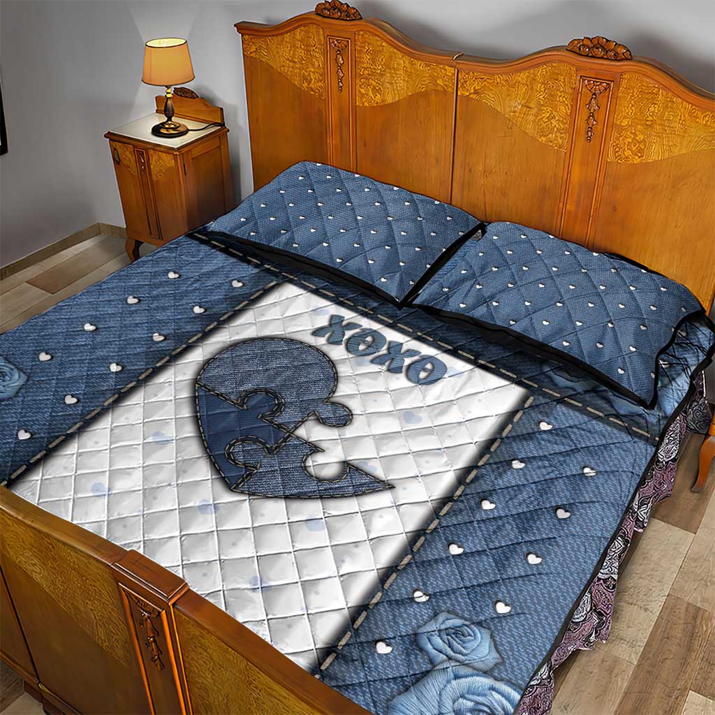 XOXO Valentine's Day Quilt Bed Set Pieces Of The Heart Old Denim Fabric Effect