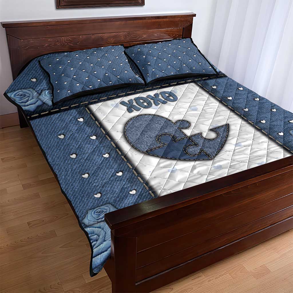 XOXO Valentine's Day Quilt Bed Set Pieces Of The Heart Old Denim Fabric Effect