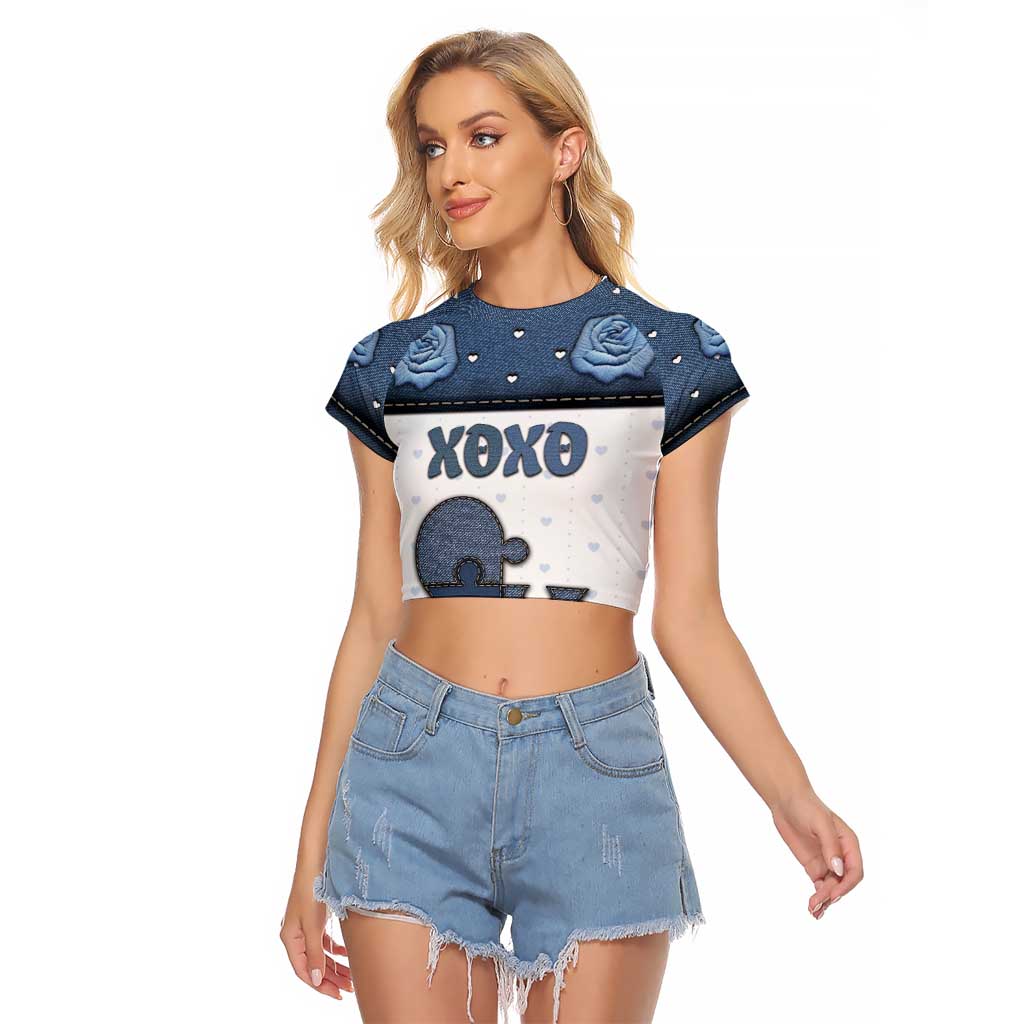 Personalized XOXO Valentine's Day Raglan Cropped T Shirt Pieces Of The Heart Old Denim Fabric Effect