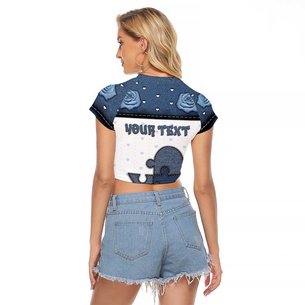 Personalized XOXO Valentine's Day Raglan Cropped T Shirt Pieces Of The Heart Old Denim Fabric Effect