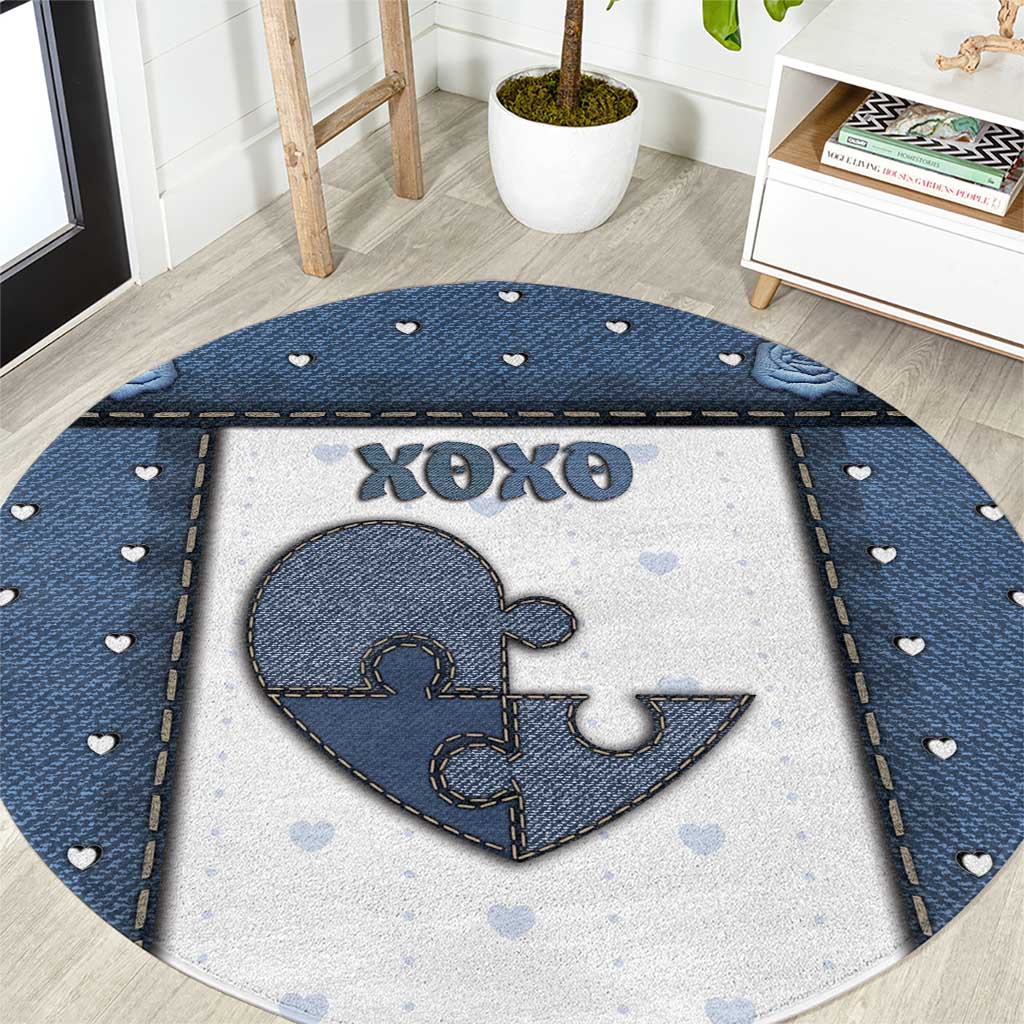 XOXO Valentine's Day Round Carpet Pieces Of The Heart Old Denim Fabric Effect