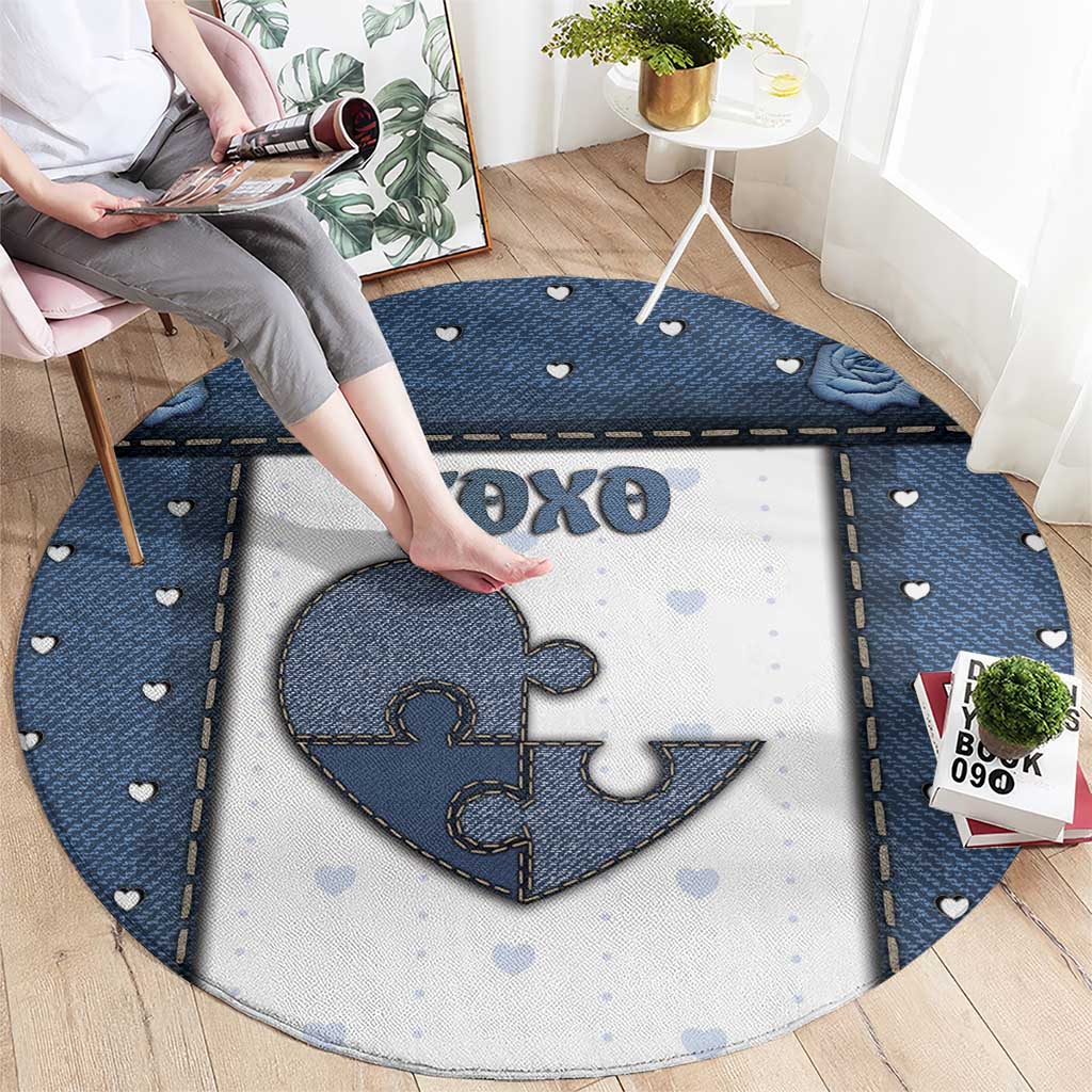 XOXO Valentine's Day Round Carpet Pieces Of The Heart Old Denim Fabric Effect