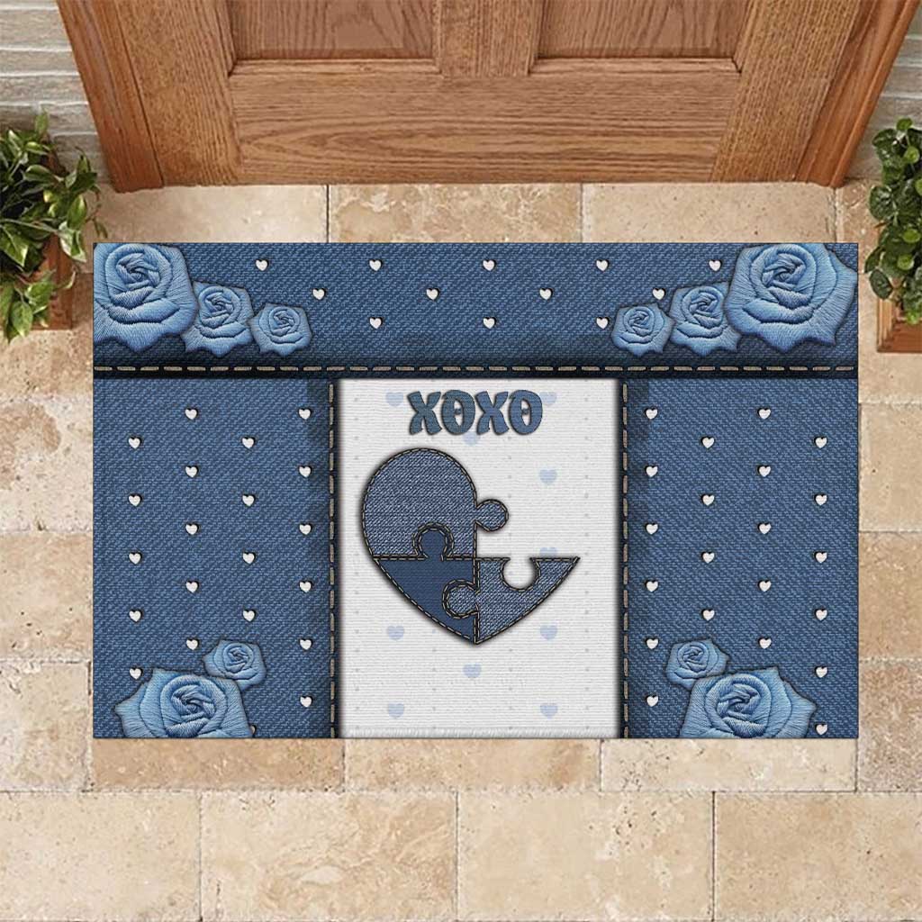 XOXO Valentine's Day Rubber Doormat Pieces Of The Heart Old Denim Fabric Effect