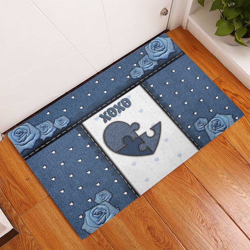 XOXO Valentine's Day Rubber Doormat Pieces Of The Heart Old Denim Fabric Effect