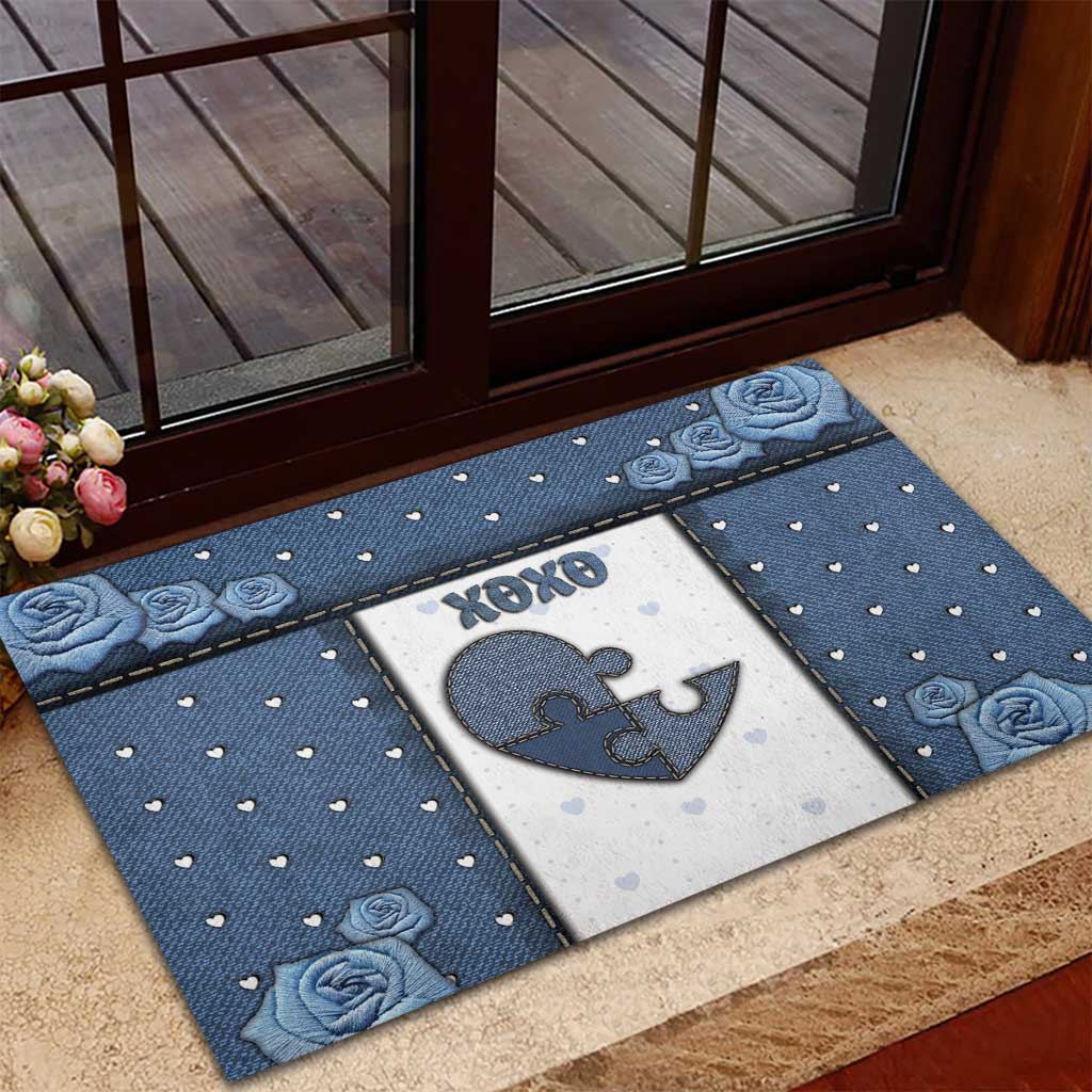 XOXO Valentine's Day Rubber Doormat Pieces Of The Heart Old Denim Fabric Effect