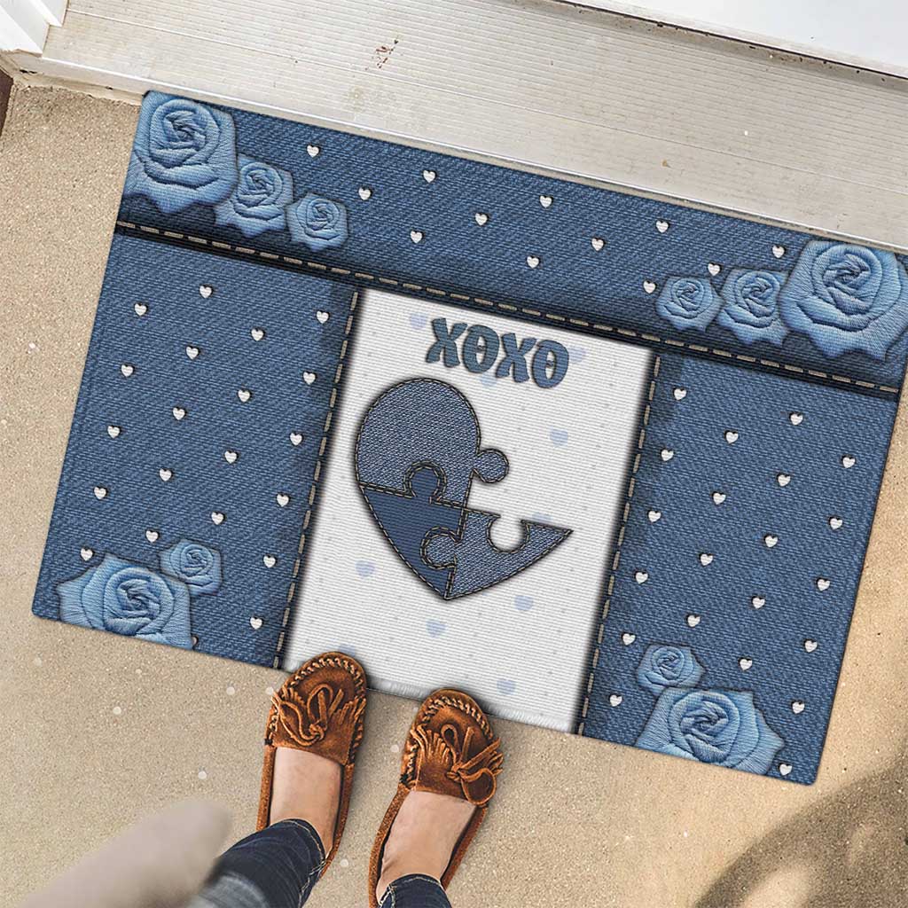 XOXO Valentine's Day Rubber Doormat Pieces Of The Heart Old Denim Fabric Effect