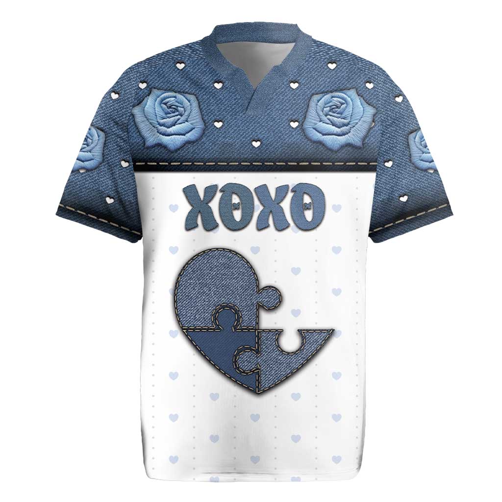 Personalized XOXO Valentine's Day Rugby Jersey Pieces Of The Heart Old Denim Fabric Effect