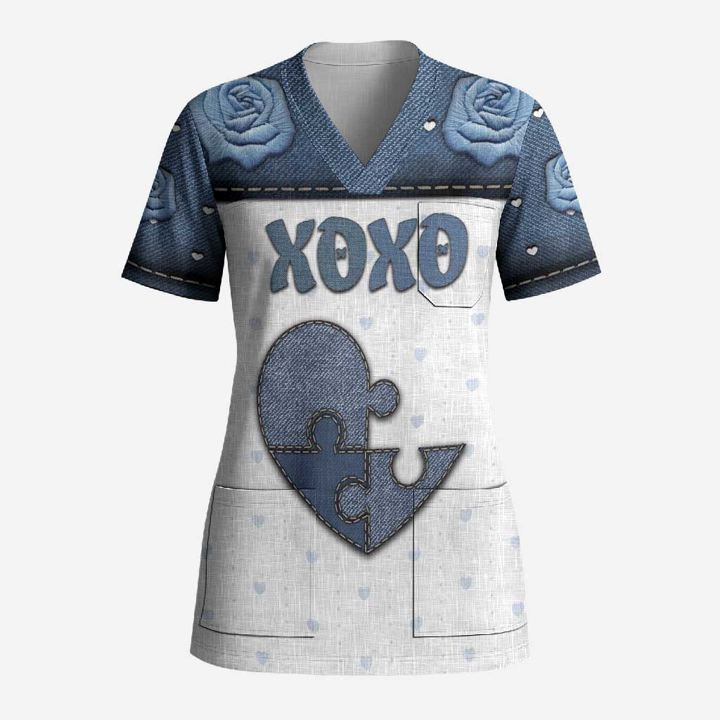 Personalized XOXO Valentine's Day Scrub Top Pieces Of The Heart Old Denim Fabric Effect