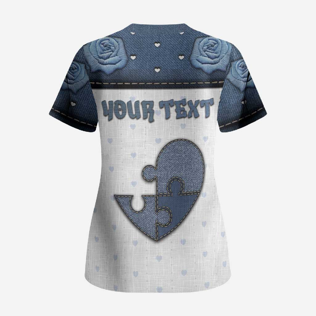 Personalized XOXO Valentine's Day Scrub Top Pieces Of The Heart Old Denim Fabric Effect