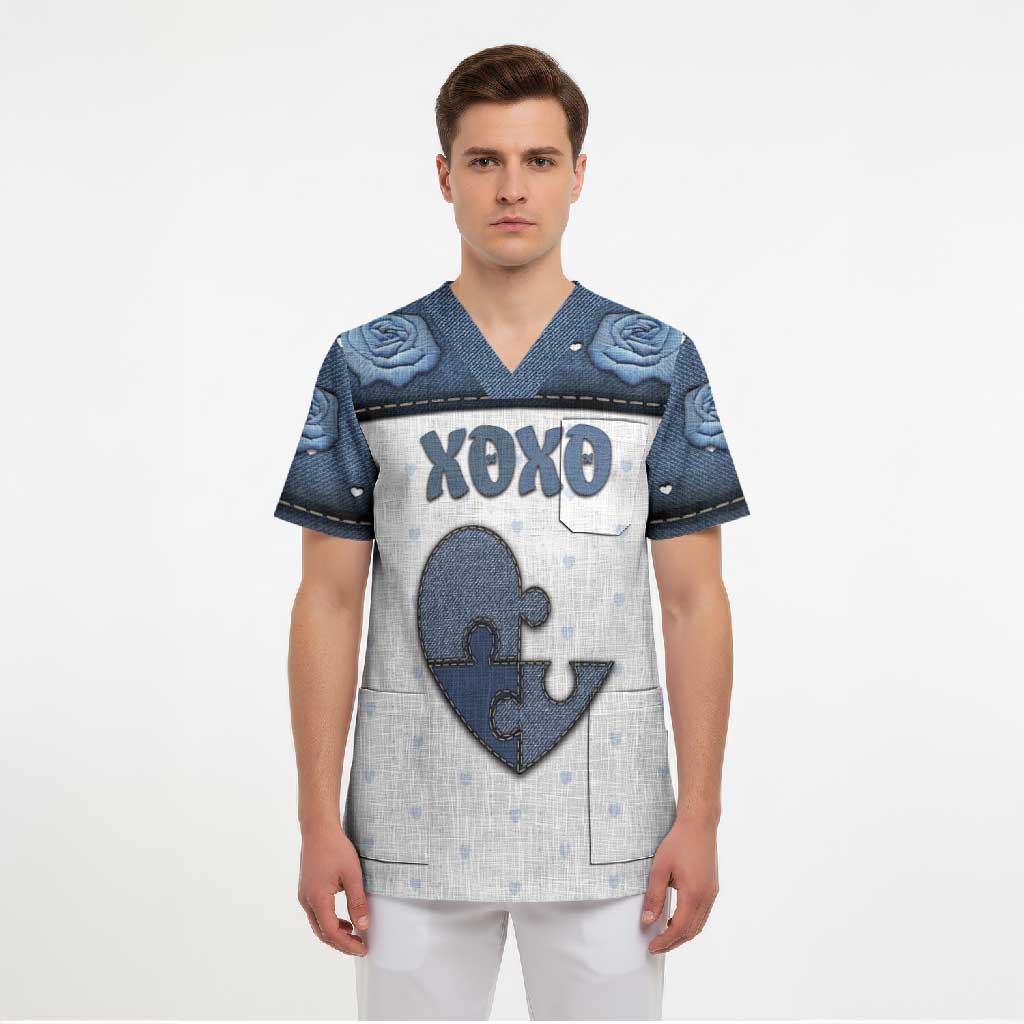 Personalized XOXO Valentine's Day Scrub Top Pieces Of The Heart Old Denim Fabric Effect