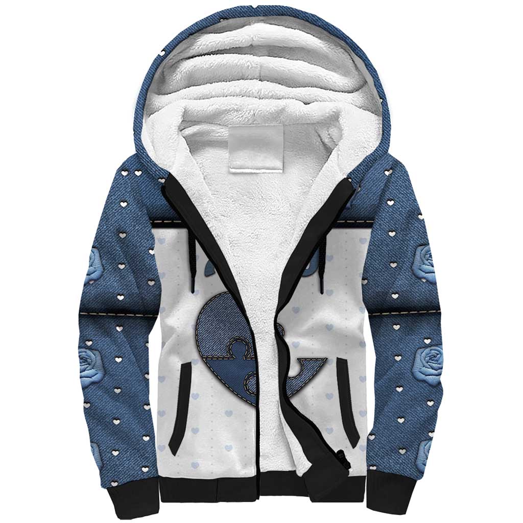 Personalized XOXO Valentine's Day Sherpa Hoodie Pieces Of The Heart Old Denim Fabric Effect