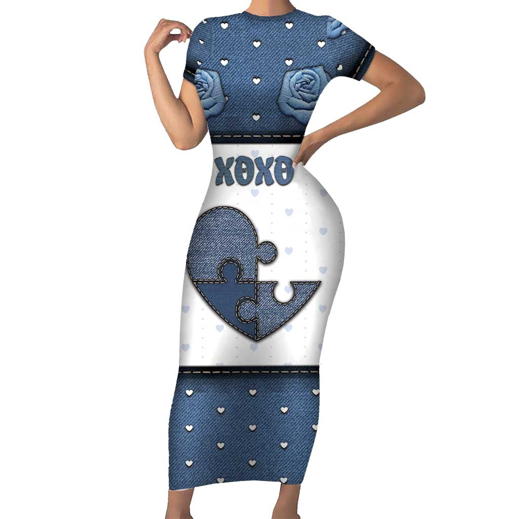 Personalized XOXO Valentine's Day Short Sleeve Bodycon Dress Pieces Of The Heart Old Denim Fabric Effect