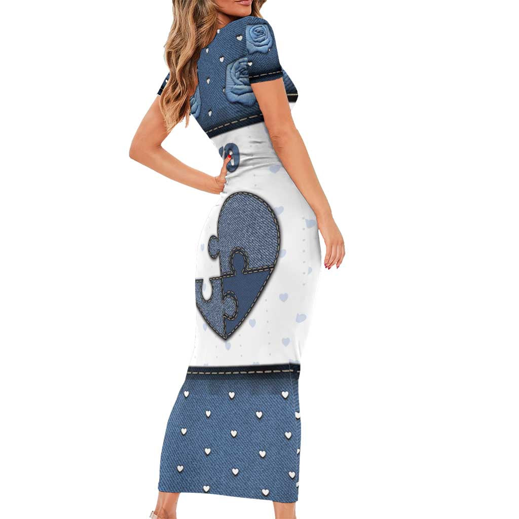 Personalized XOXO Valentine's Day Short Sleeve Bodycon Dress Pieces Of The Heart Old Denim Fabric Effect