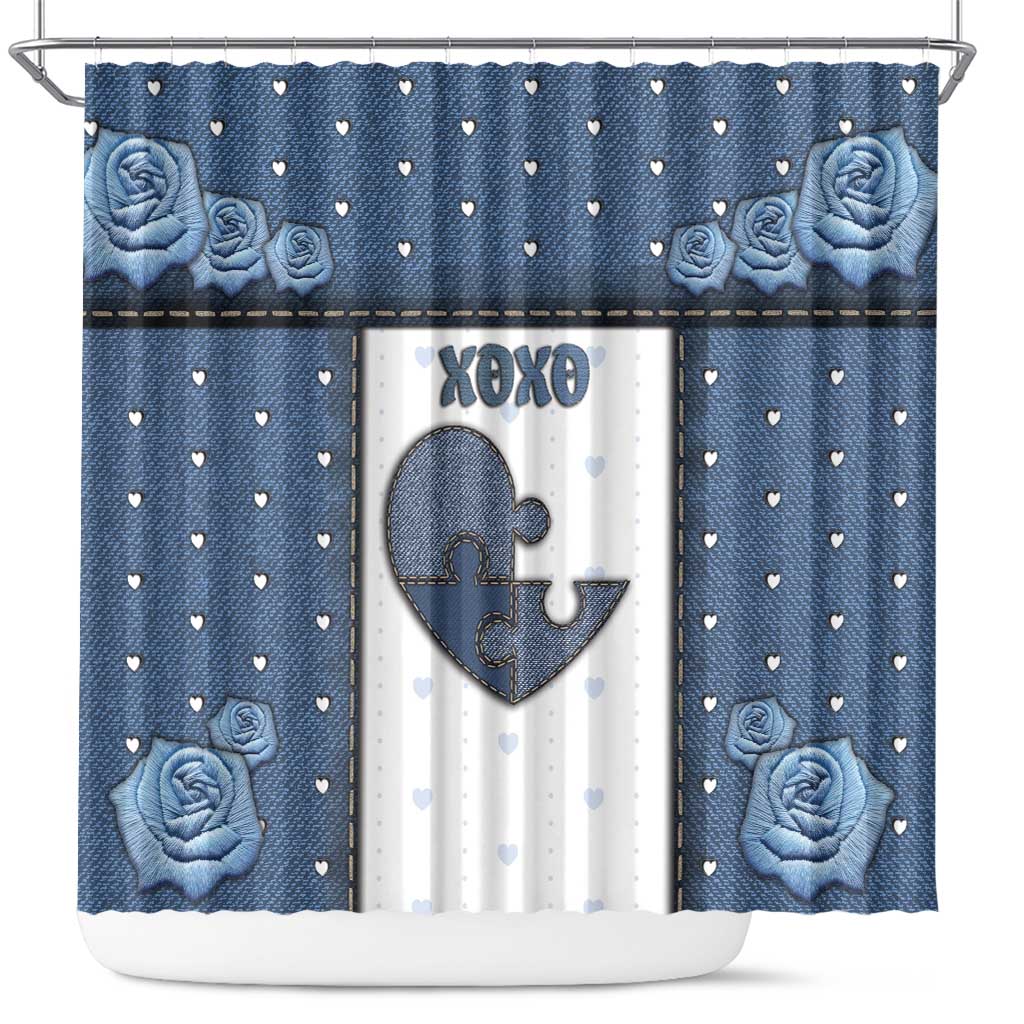 XOXO Valentine's Day Shower Curtain Pieces Of The Heart Old Denim Fabric Effect