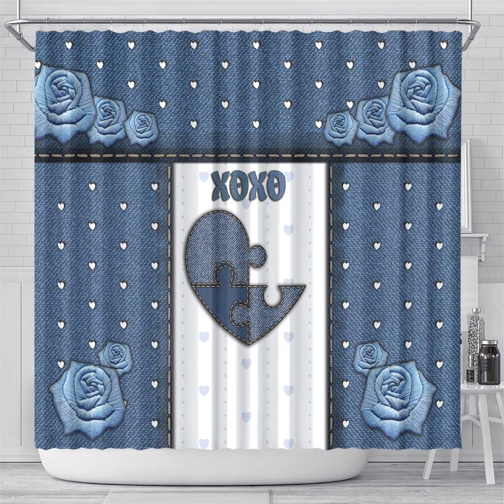 XOXO Valentine's Day Shower Curtain Pieces Of The Heart Old Denim Fabric Effect