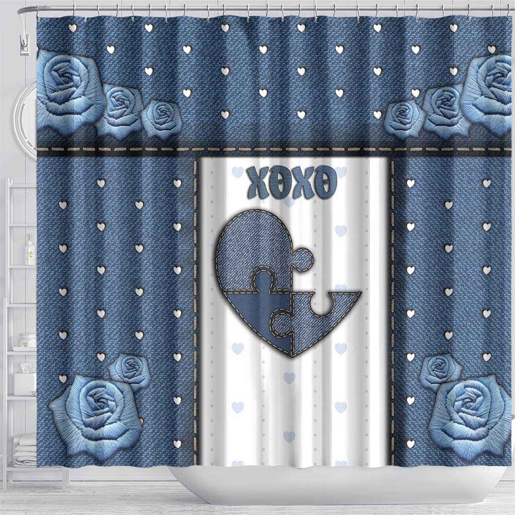 XOXO Valentine's Day Shower Curtain Pieces Of The Heart Old Denim Fabric Effect