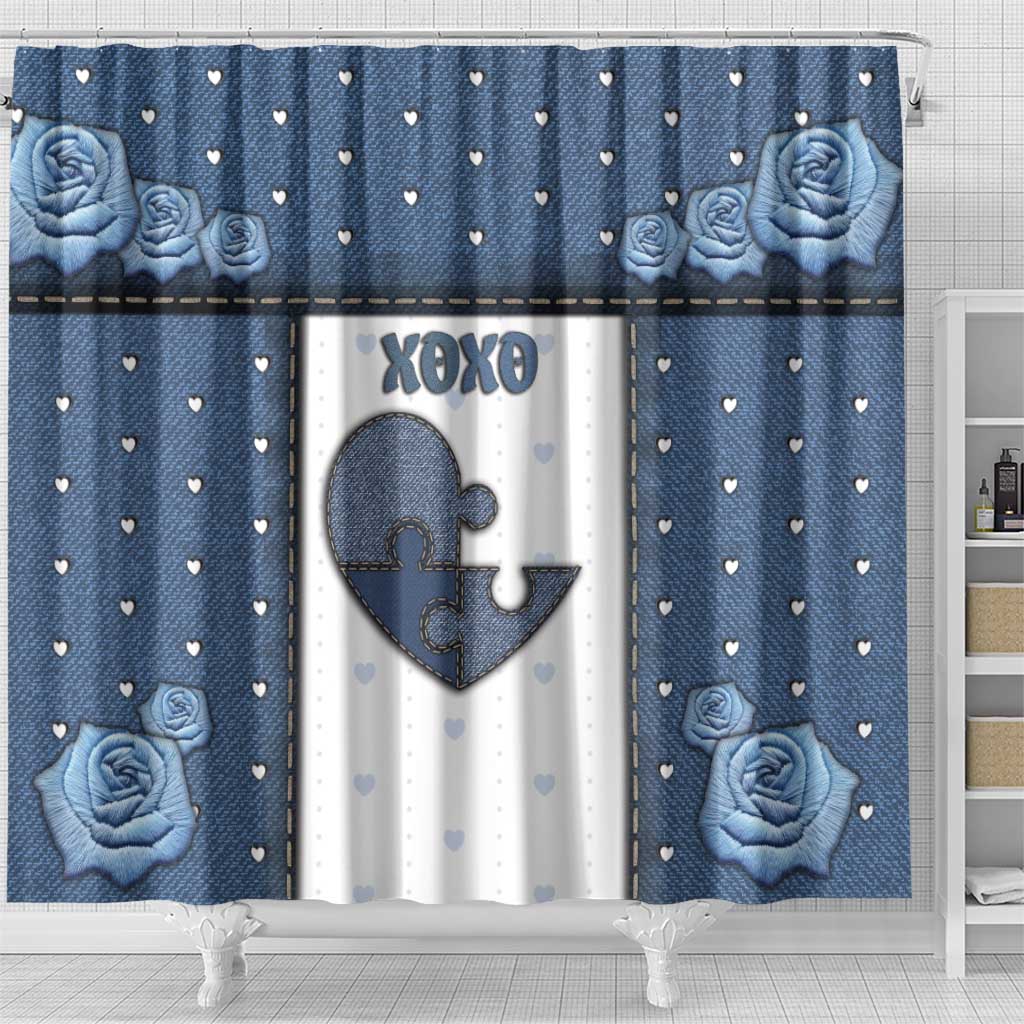 XOXO Valentine's Day Shower Curtain Pieces Of The Heart Old Denim Fabric Effect