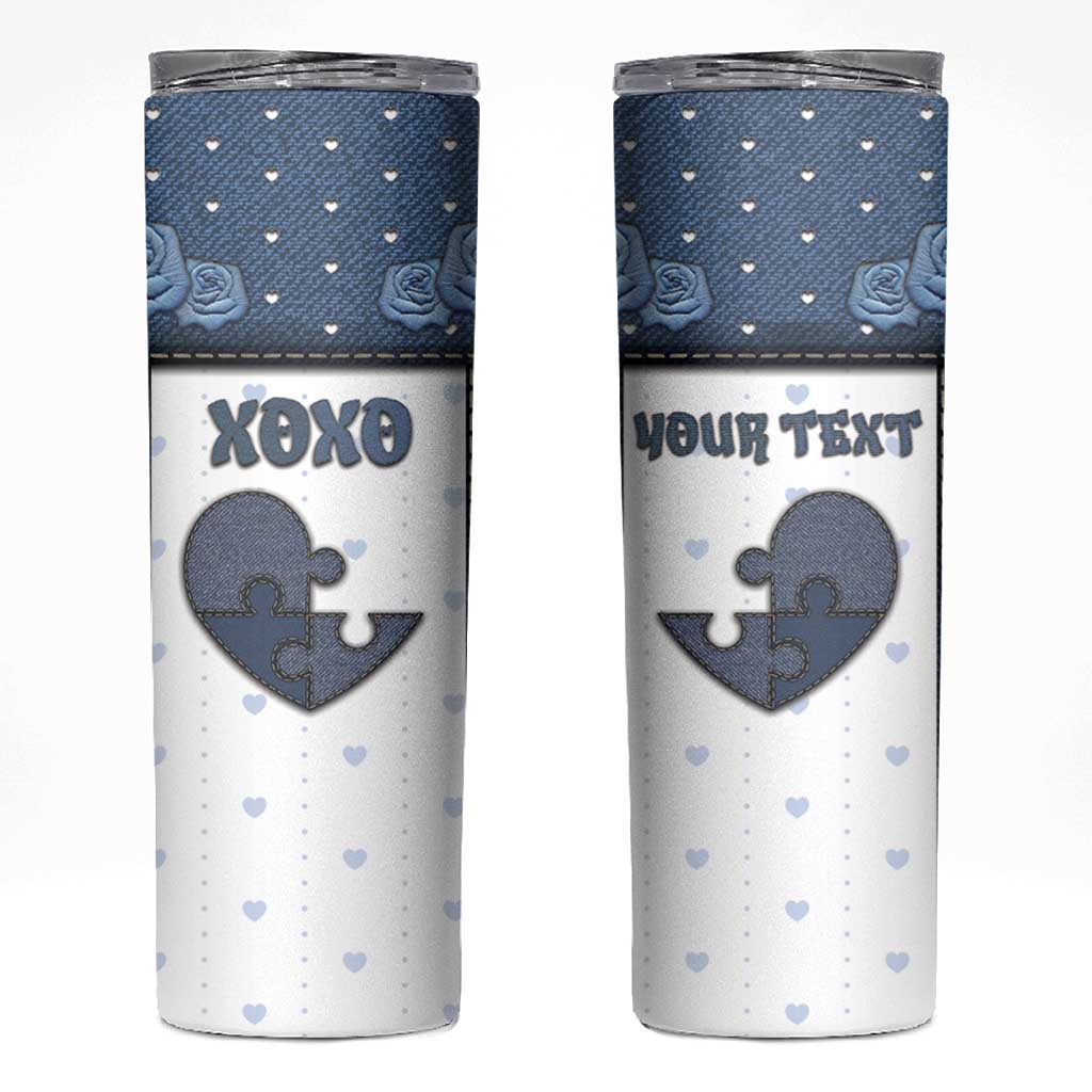 Personalized XOXO Valentine's Day Skinny Tumbler Pieces Of The Heart Old Denim Fabric Effect