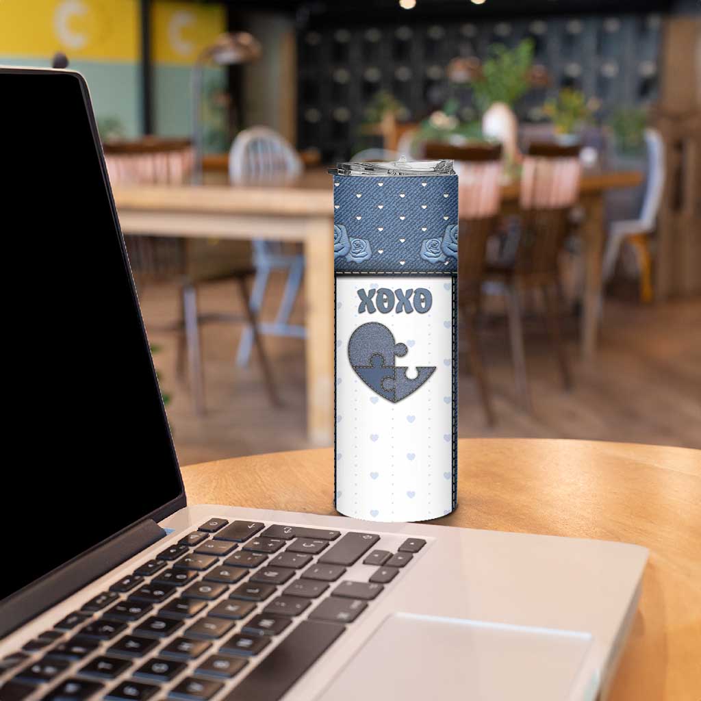Personalized XOXO Valentine's Day Skinny Tumbler Pieces Of The Heart Old Denim Fabric Effect