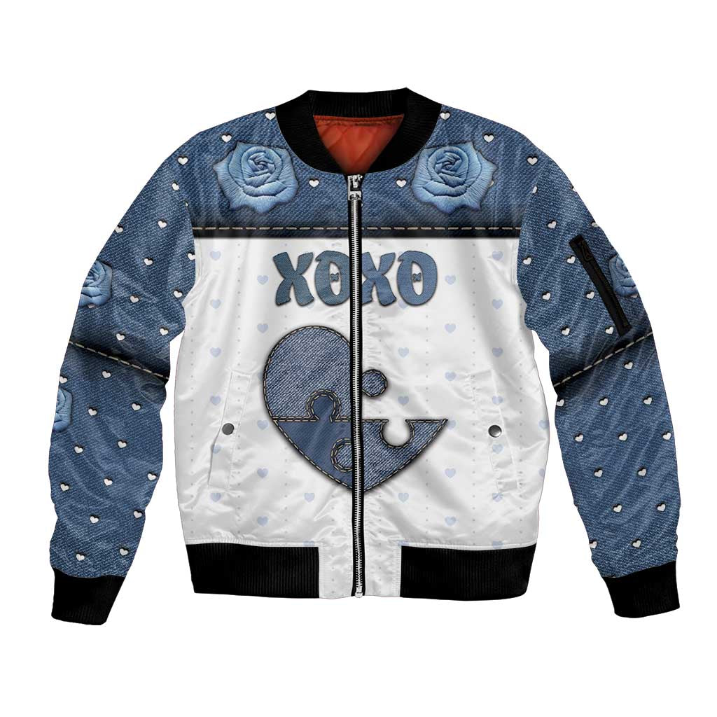 Personalized XOXO Valentine's Day Sleeve Zip Bomber Jacket Pieces Of The Heart Old Denim Fabric Effect