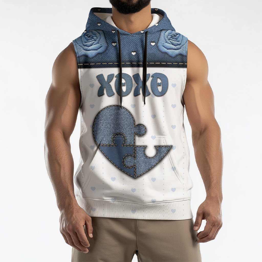 Personalized XOXO Valentine's Day Sleeveless Hoodie Pieces Of The Heart Old Denim Fabric Effect