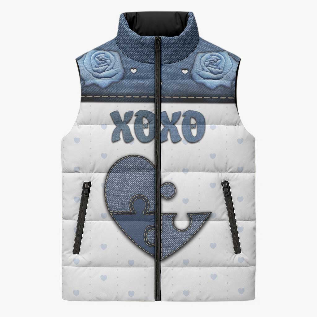 Personalized XOXO Valentine's Day Sleeveless Puffer Jacket Pieces Of The Heart Old Denim Fabric Effect