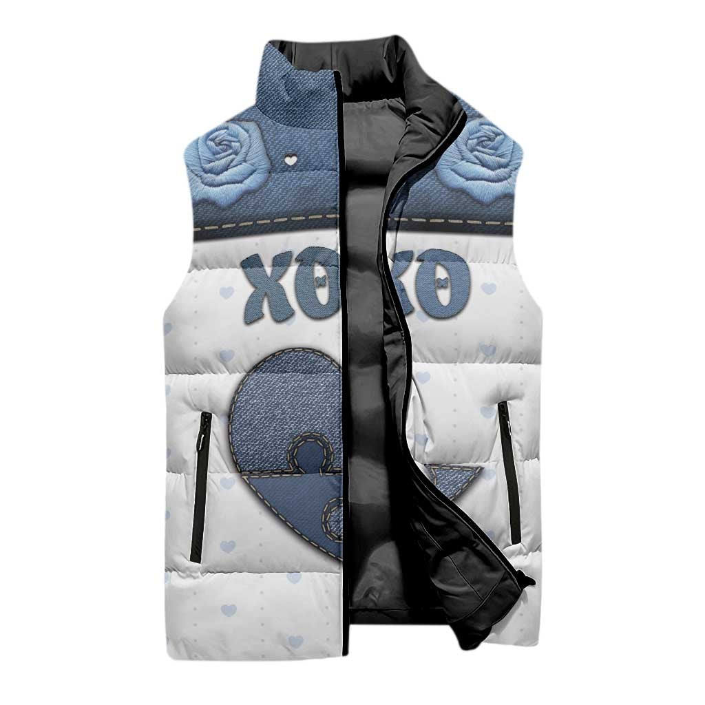 Personalized XOXO Valentine's Day Sleeveless Puffer Jacket Pieces Of The Heart Old Denim Fabric Effect