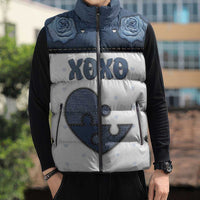 Personalized XOXO Valentine's Day Sleeveless Puffer Jacket Pieces Of The Heart Old Denim Fabric Effect