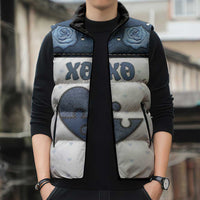 Personalized XOXO Valentine's Day Sleeveless Puffer Jacket Pieces Of The Heart Old Denim Fabric Effect