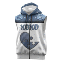 Personalized XOXO Valentine's Day Sleeveless Zip Hoodie Pieces Of The Heart Old Denim Fabric Effect