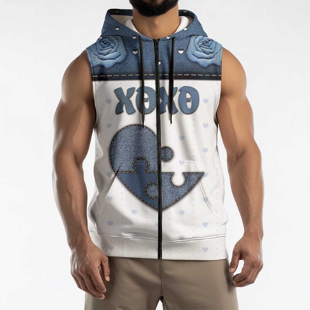 Personalized XOXO Valentine's Day Sleeveless Zip Hoodie Pieces Of The Heart Old Denim Fabric Effect
