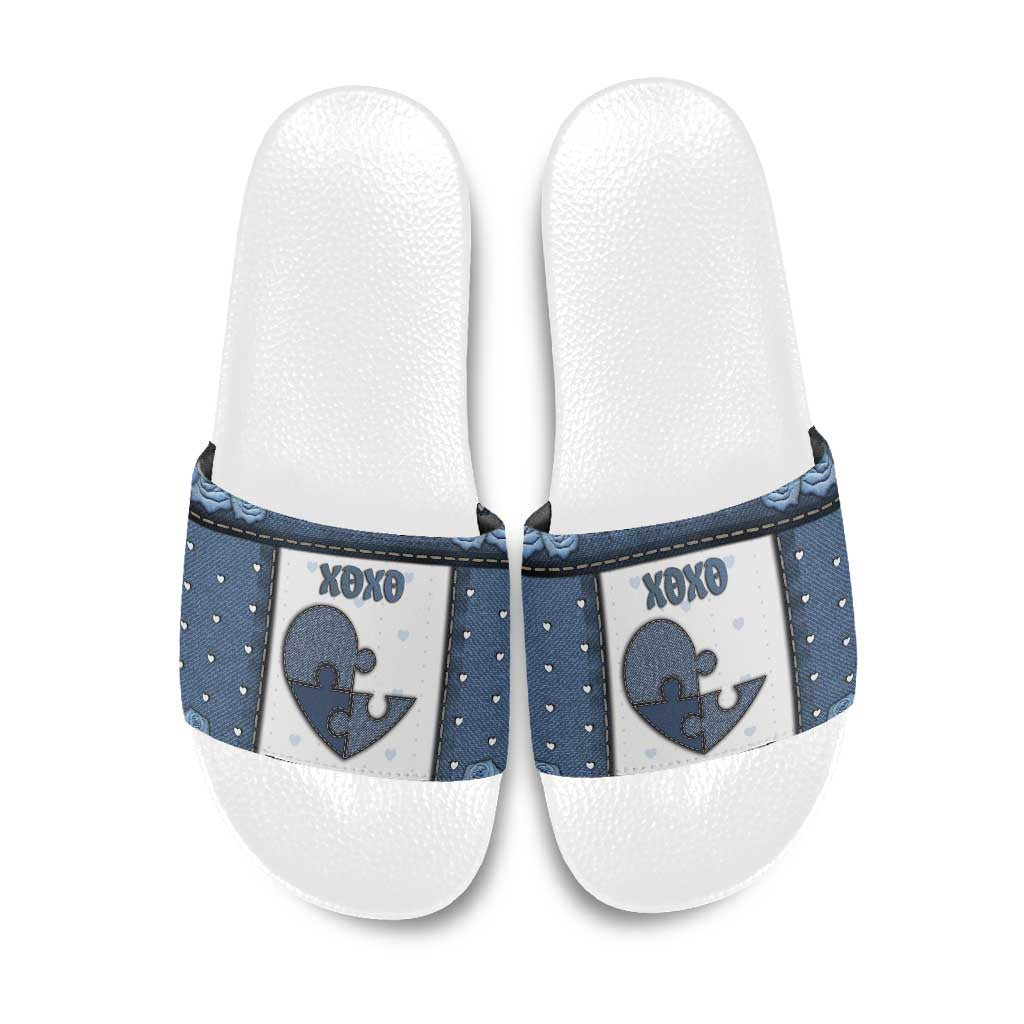 XOXO Valentine's Day Slide Sandals Pieces Of The Heart Old Denim Fabric Effect