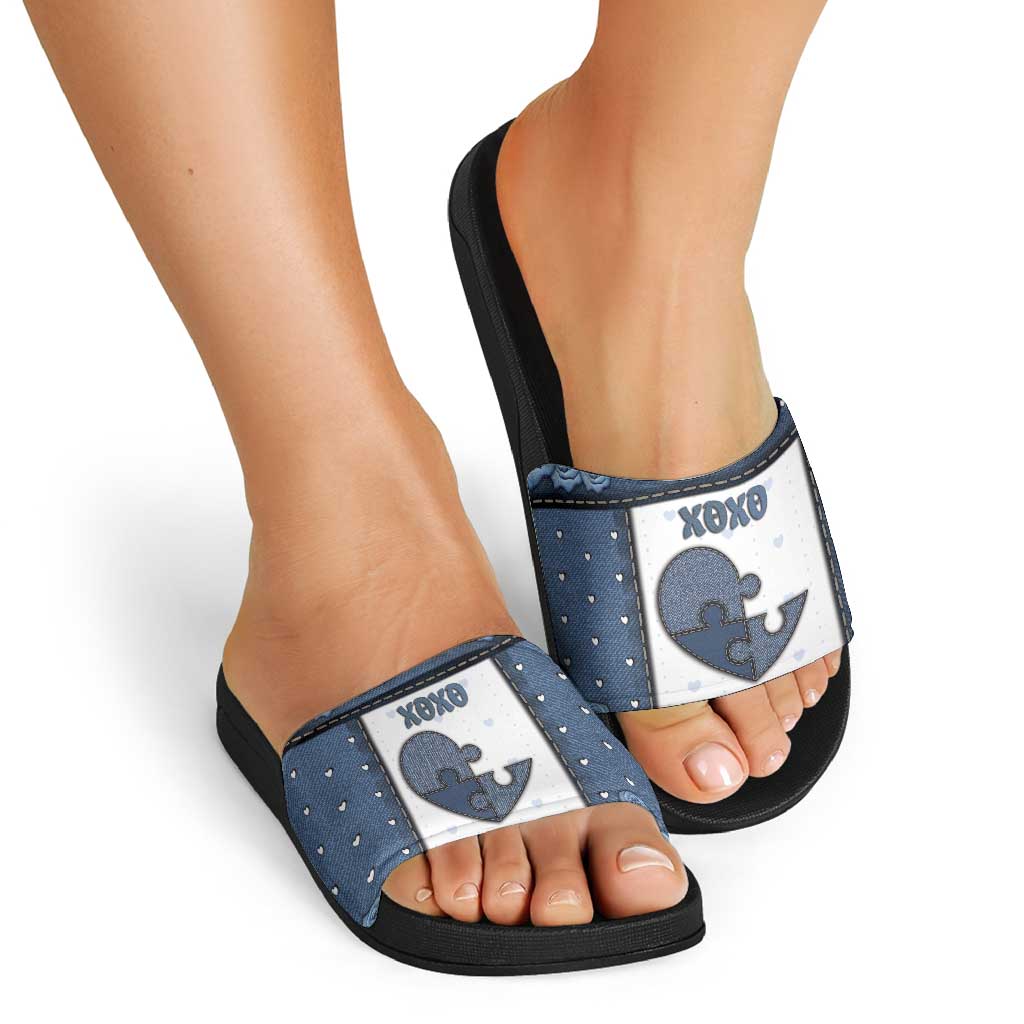 XOXO Valentine's Day Slide Sandals Pieces Of The Heart Old Denim Fabric Effect