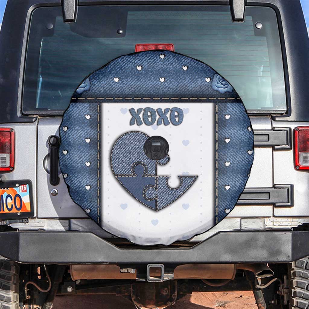 XOXO Valentine's Day Spare Tire Cover Pieces Of The Heart Old Denim Fabric Effect