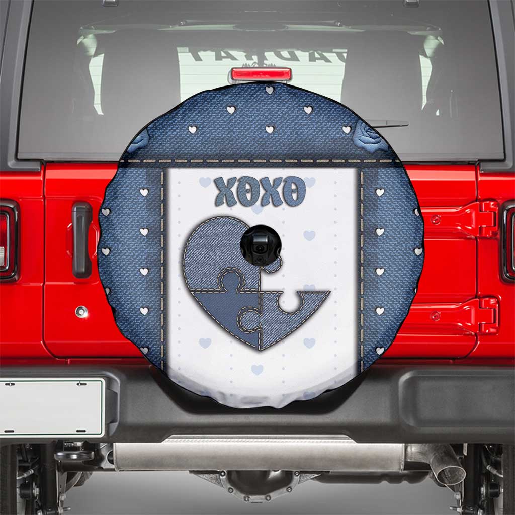 XOXO Valentine's Day Spare Tire Cover Pieces Of The Heart Old Denim Fabric Effect