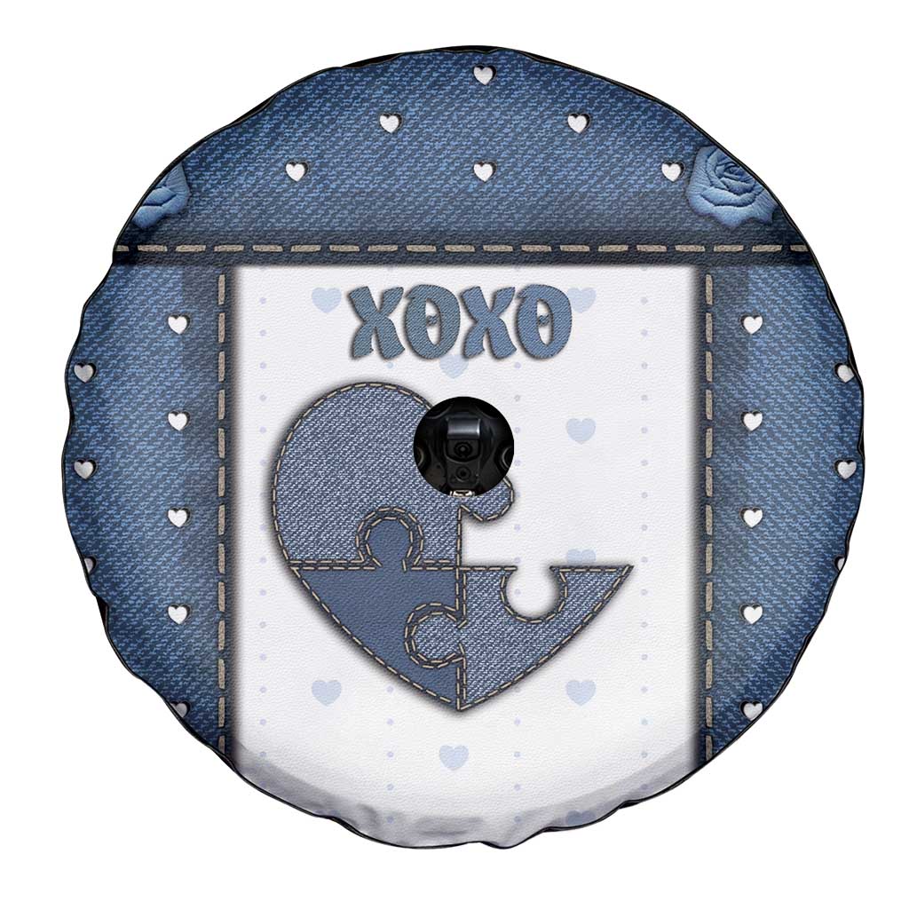 XOXO Valentine's Day Spare Tire Cover Pieces Of The Heart Old Denim Fabric Effect