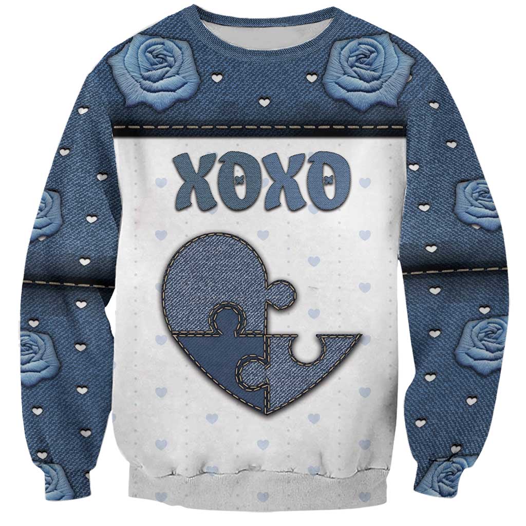 Personalized XOXO Valentine's Day Sweatshirt Pieces Of The Heart Old Denim Fabric Effect