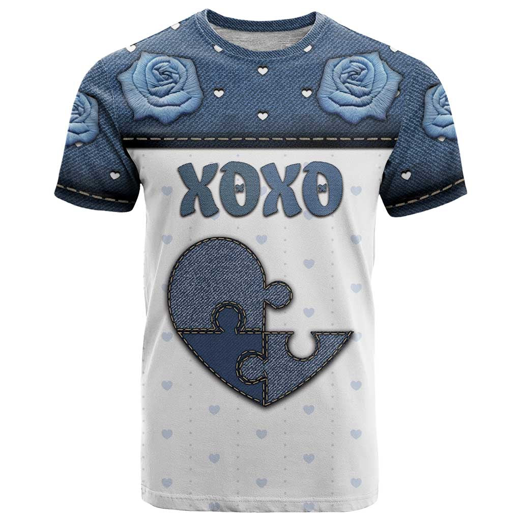 Personalized XOXO Valentine's Day T Shirt Pieces Of The Heart Old Denim Fabric Effect