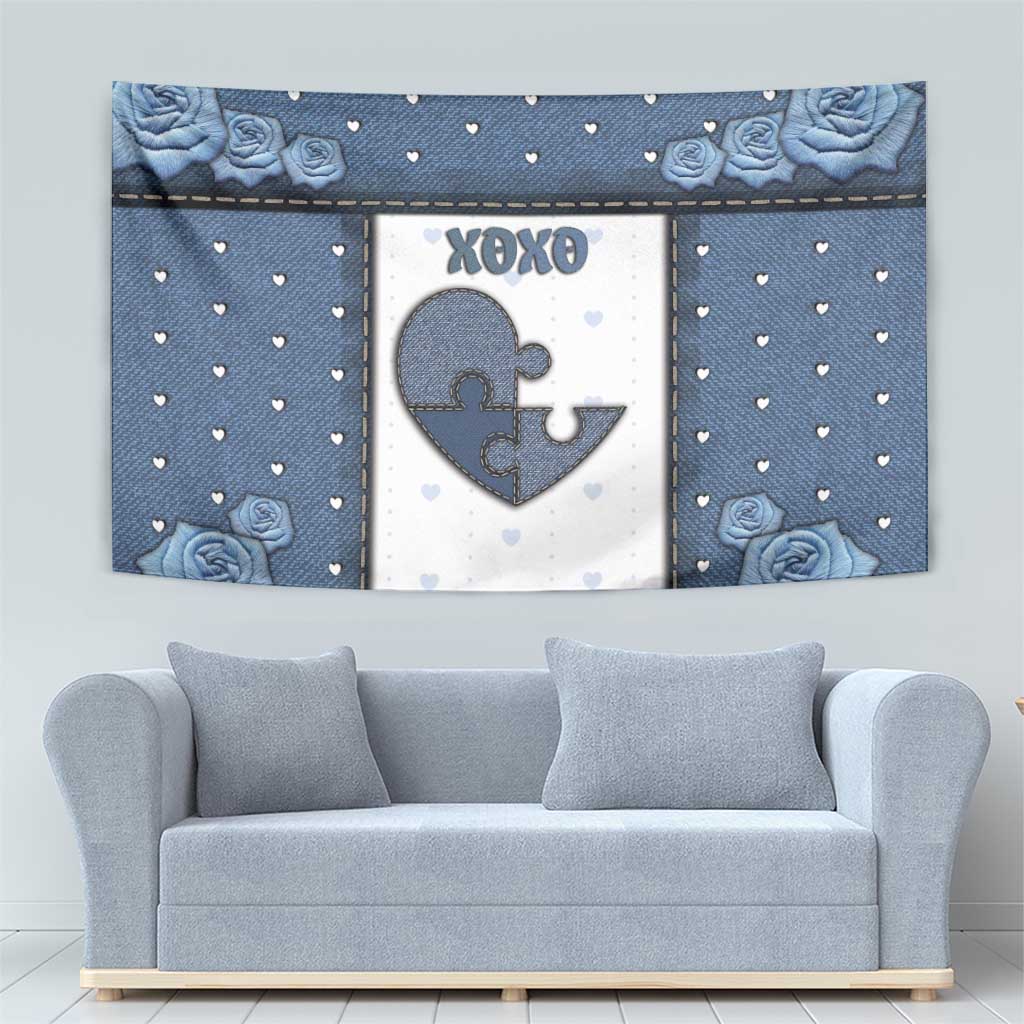 XOXO Valentine's Day Tapestry Pieces Of The Heart Old Denim Fabric Effect