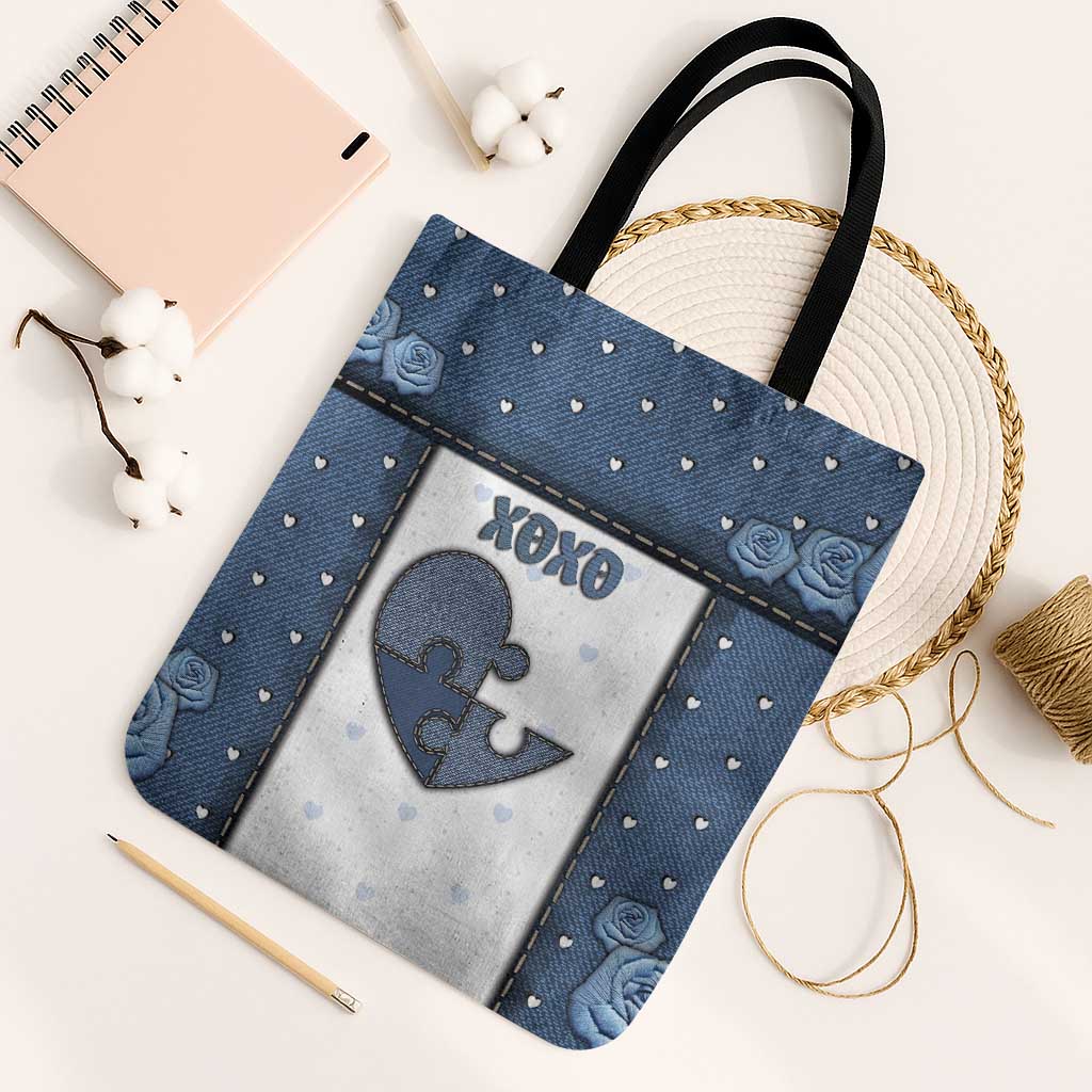 XOXO Valentine's Day Tote Bag Pieces Of The Heart Old Denim Fabric Effect
