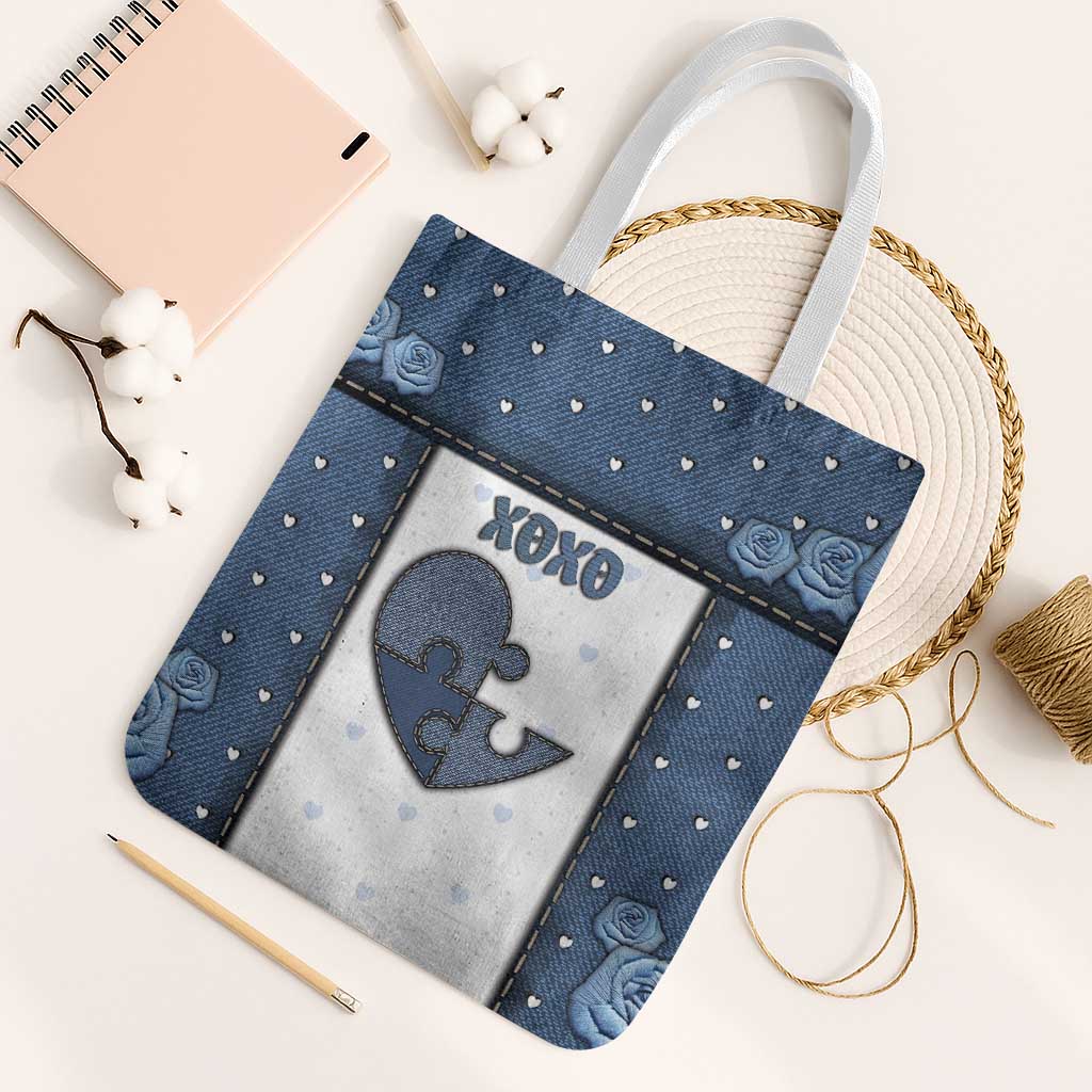 XOXO Valentine's Day Tote Bag Pieces Of The Heart Old Denim Fabric Effect